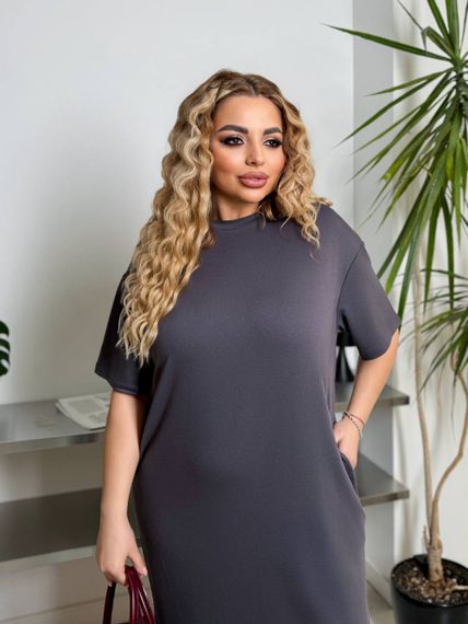 Женское платье-футболка длинное с коротким рукавом, больших и батальных размеров IS870, цвет серый, размер 50/52 | Зображення 2