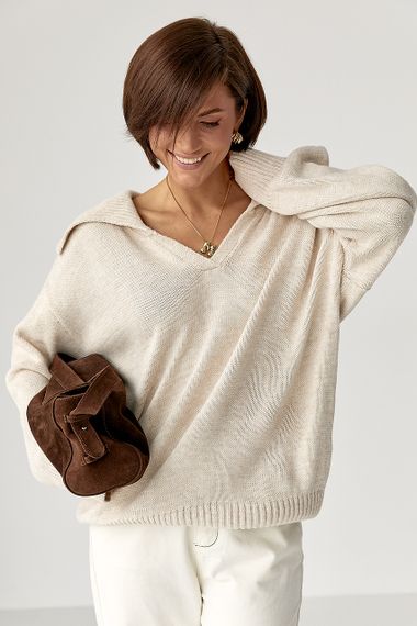 В'заний светр-поло вільного крою - бежевий цвет, ONE SIZE (є розміри) | Зображення 4