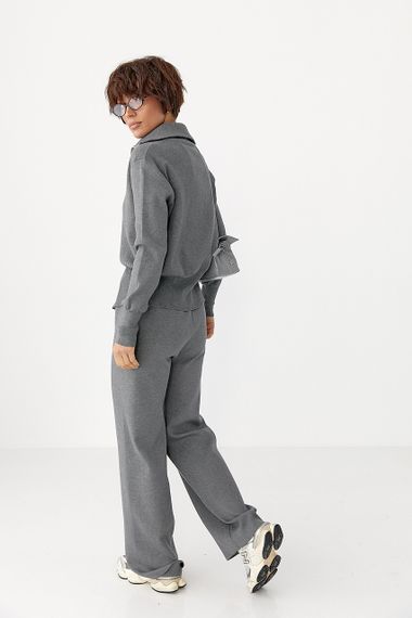 Трикотажний костюм із коротким кардиганом на блискавці та широкими штанами - сірий цвет, ONE SIZE (є розміри) | Зображення 1