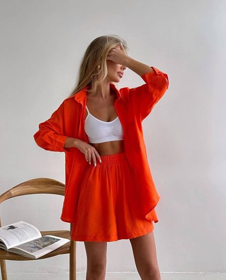 Женский летний костюм рубашка и шорты BF167 цвет оранжевый, оверсайз 42/46 | Зображення 1