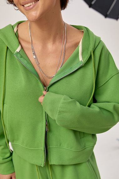 Спортивний костюм в дрібний рубчик з прямими штанами та худі на блискавці - зелений цвет, M (є розміри) | Зображення 3