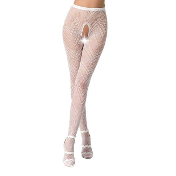 Еротичні колготки-бодістокінг Passion S010 white, з доступом, геометричний малюнок, S/M/L