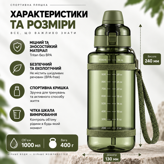 Удобная спортивная бутылка с соломинкой 1000 мл из тритана зеленая | Зображення 3
