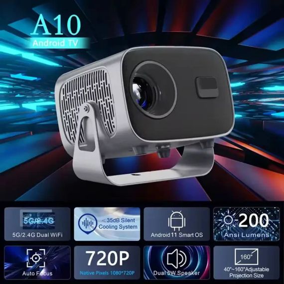 Портативний мультимедійний проєктор 4K Android A10 з Wi-Fi 2.4/5 ГГц, Bluetooth 5.2, автофокусом і автокоригцією трапеції | Зображення 4