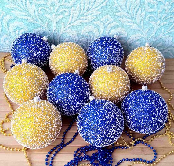 Набір новорічних іграшок 10 шт 10 см | прикраси ялинкові блакитно жовті | новорічні іграшки