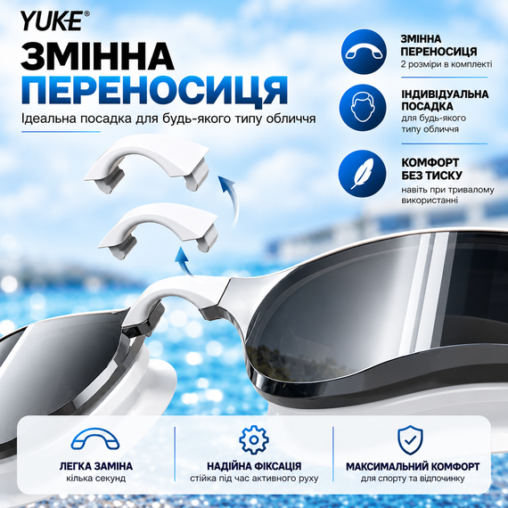 Набор для плавания YUKE: зеркальные очки Anti-Fog с силиконовой шапочкой, белые с белым ремешком | Зображення 2
