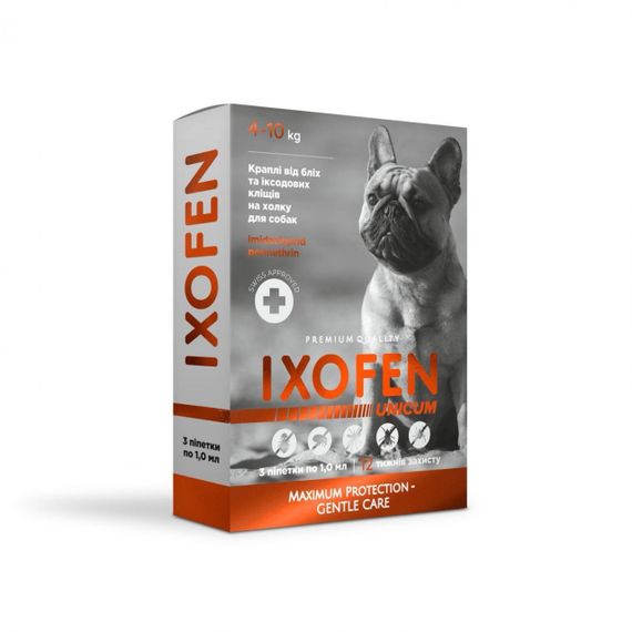 Капли от блох и клещей для собак весом 4-10 кг Unicum Ixofen, 3 пип