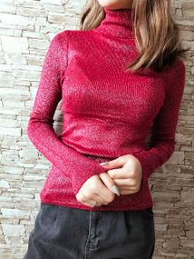 Женская водолазка-гольф в рубчик с люрексом KV999, размер 42/48, цвет красный