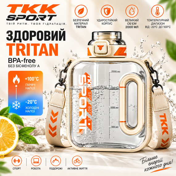 Спортивна пляшка TKK SPORT 1600 мл з ремінцем — прозора біла, ударостійкий Tritan, BPA Free, герметична пляшка для води, спорту | Зображення 3