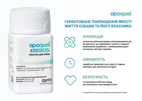 Средство для уменьшения зуда у собак при дерматитах и аллергиях Zoetis Апоквель 5.4, 100 табл | Зображення 1