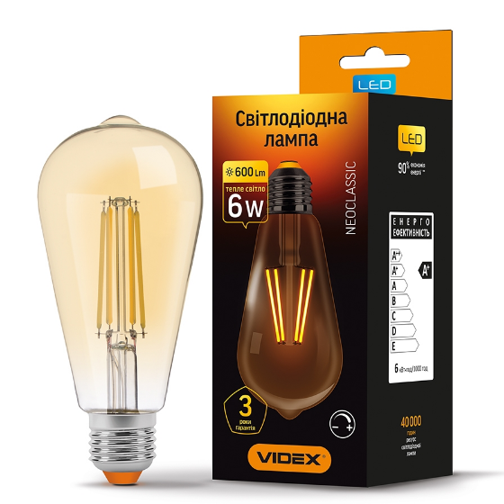 Лампа Ретро 6W E27 2200К 220V Filament AD LED Videx | Зображення 1