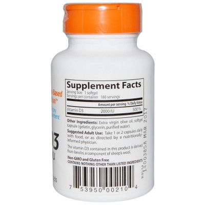 Витамин Doctor's Best Витамин D3 2000IU, 180 желатиновых капсул (DRB-00210) | Зображення 1
