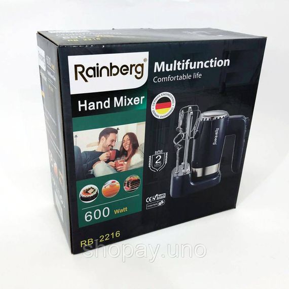 Миксер ручной Rainberg RB-2216 (5 скоростей, 2 насадки и подставка) 600W, мощный миксер блендер ручной WJ-86 | Зображення 1