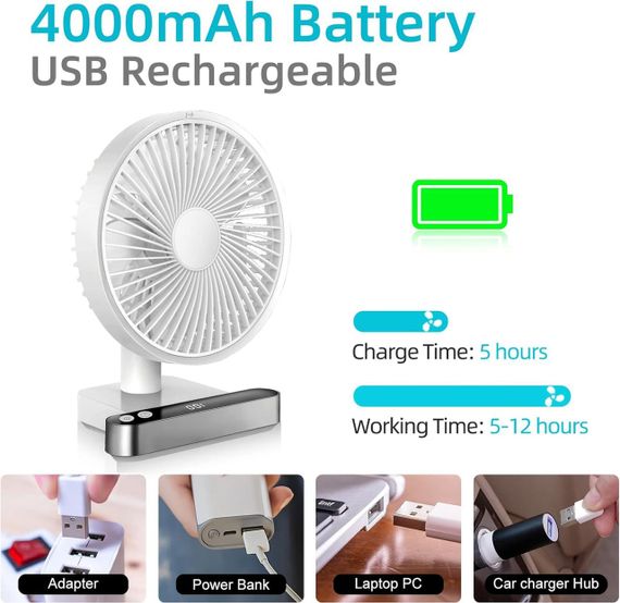 Компактный настольный вентилятор USB с аккумулятором, 4 скорости, 4000 мАч, 120° вращения, тихий портативный | Зображення 3