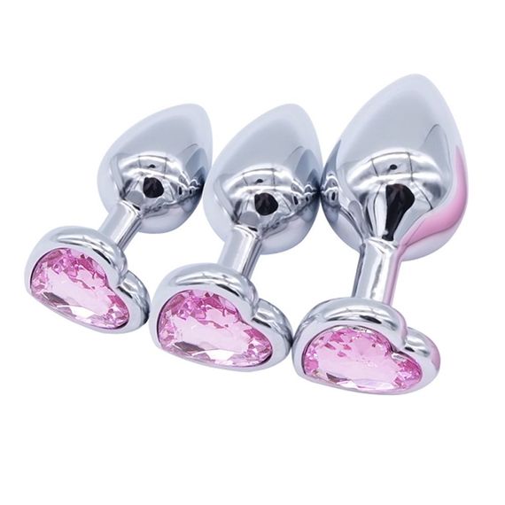 Набір хромованих анальних пробок із рожевими кристалами ( розмір S, M, L ) | Зображення 1