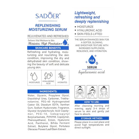 Гіалуронова сироватка для обличчя Sadoer з ефектом ліфтингу, 30ml | Зображення 1