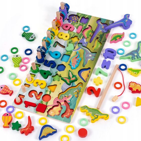 Деревянная игрушка Центр развивающий MD 2758 фигурки, рыбалка, цифры, динозавры | Зображення 1