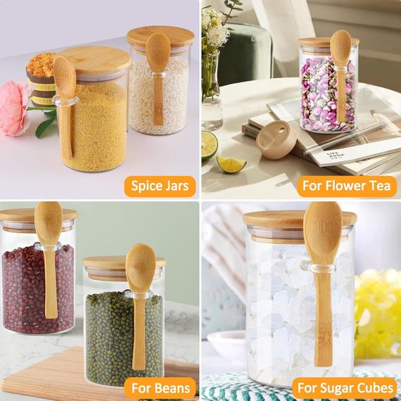 Банки для хранения набор 4 шт 500 мл стеклянные емкости с ложкой, крышкой, наклейками для кухни чая кофе круп | Зображення 3