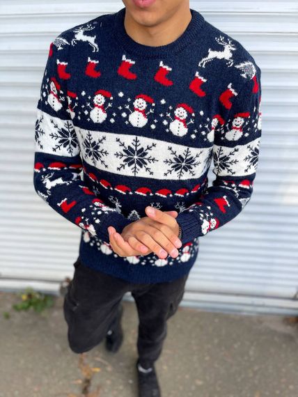 Мужской новогодний свитер Снеговик с оленями PA2656 цвет синий, размер S