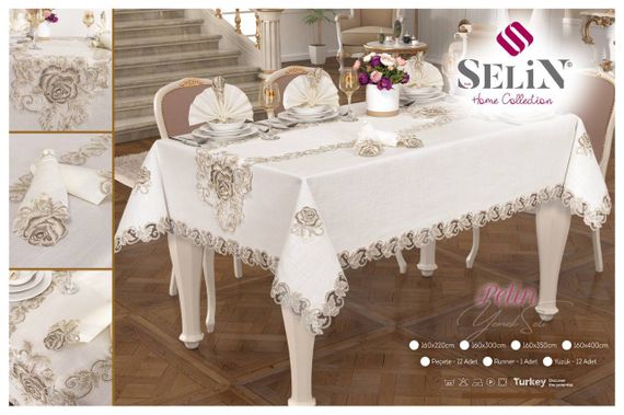 Льняная скатерть с ранером Selin Pelin Set 160×350+12 салфеток бежевая
