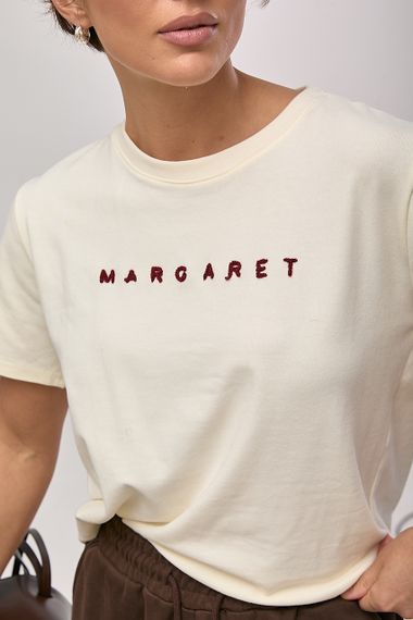 Трикотажна футболка з вишитим написом Margaret - кремовий цвет, ONE SIZE (є розміри) | Зображення 3
