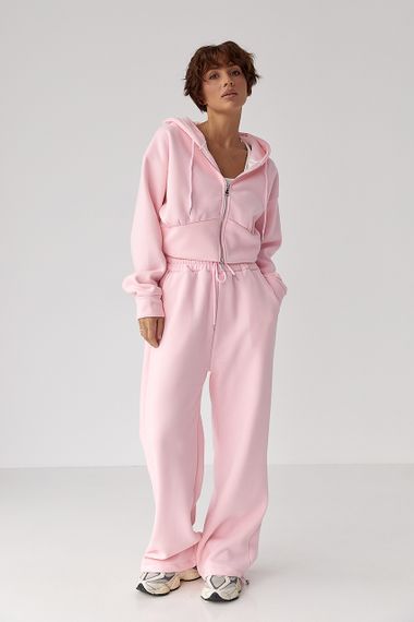 Теплий спортивний костюм з коротким худі та широкими штанами - рожевий цвет, M (є розміри)