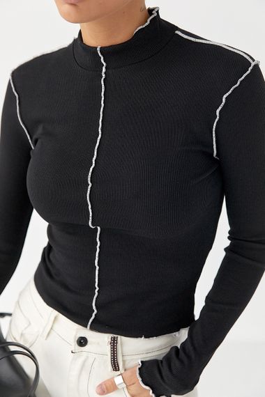 Лонгслів у рубчик з контрастними швами назовні - чорний цвет, M (є розміри) | Зображення 3