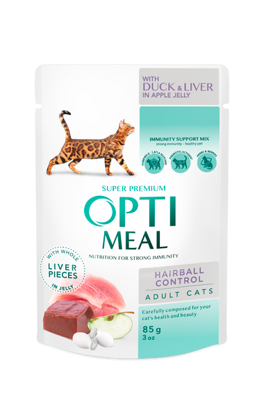 optimeal Повнораціонний консервований корм для дорослих котів з ефектом виведення шерсті, з качкою та шматками печінки в яблучному желе 85 г