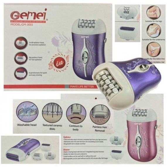 Жіноча електробритва епілятор Gemei GM-3055 3 в 1 для бікіні ніг епілятор з бритвеної насадкою | Зображення 4