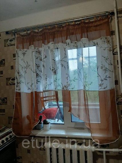 Готова коричнева коротка пошита тюль фіранка аркою для кухні, веранди, вітальні, коридору або спальні | Зображення 3