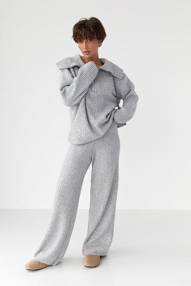 В'язаний костюм із широкими штанами та светром на блискавці - світло-сірий цвет, ONE SIZE (є розміри)