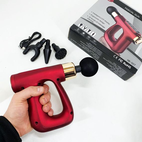 Ударний Перкусійний масажер для тіла та м'язів Масажний пістолет EM HB-007 акумуляторний червоний | Зображення 1
