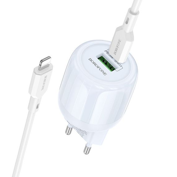 СЗУ Borofone BA93A Lustrous PD20W+QC3.0 (1USB-A/1C) + кабель Type-C to Lightning Blue