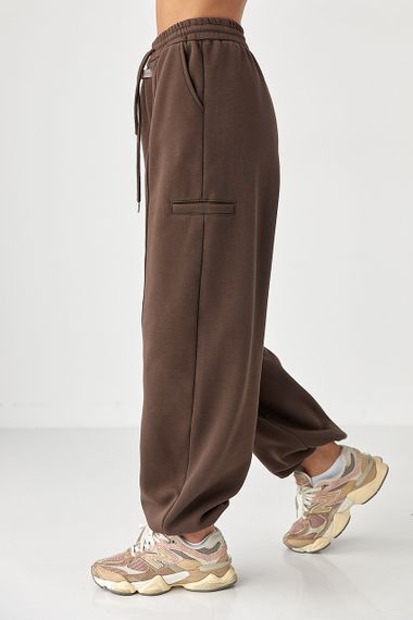 Однотонні теплі спортивні штани із затяжками внизу - коричневий цвет, XL (є розміри) | Зображення 4