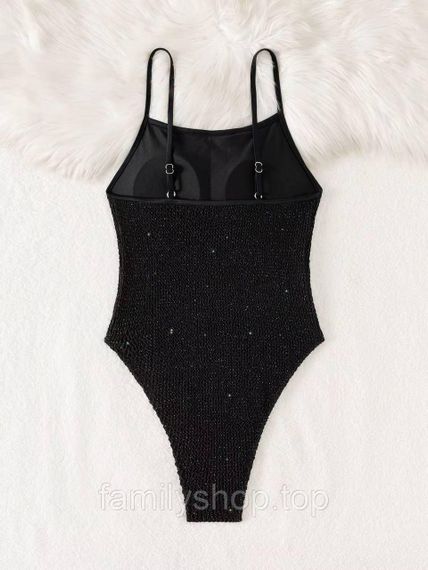 Цельный женский купальник с тонкими бретелями блестящий жатка, MBс264, цвет черный, размер L | Зображення 4