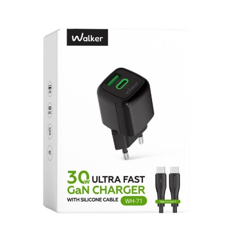 Зарядний пристрій мережевий USB/Type-C + кабель Type-C 30W чорний GaN WALKER WH-71 black | Зображення 2