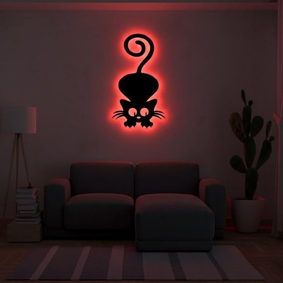 Панно декоративне картина на стіну Грайливий кіт LED 16 кольорів телефон 450х255 acr-p000123 | Зображення 3