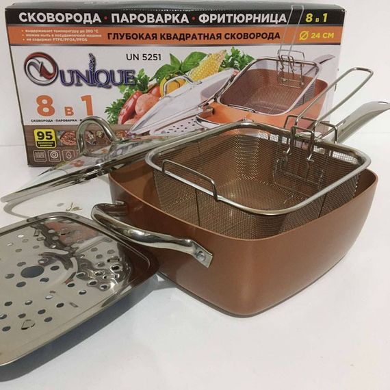 Сковорода-фритюрница UNIQUE UN-5251 квадратная антипригарная с пароваркой и кастрюлей + стеклянная крышка 24 | Зображення 2