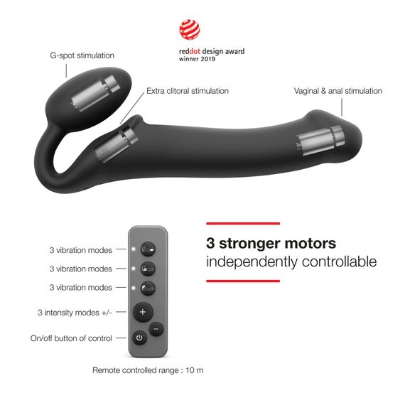 Безремінний страпон з вібрацією Strap-On-Me Vibrating Black L, діаметр 3,7см, пульт ДК, регульований | Зображення 1