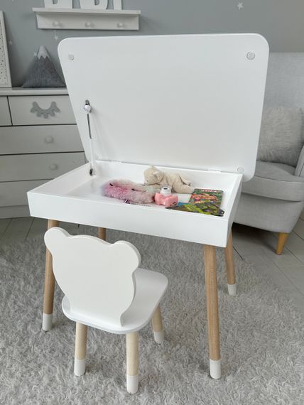 Дитячий дерев'яний столик з відкидним верхом 54×60×45, стіл з нішею в дитячу, білий | Зображення 4