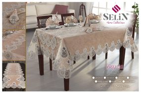 Велюрова скатертина з ранером Selin Beyza Set 160×350+12 серветок Бежева