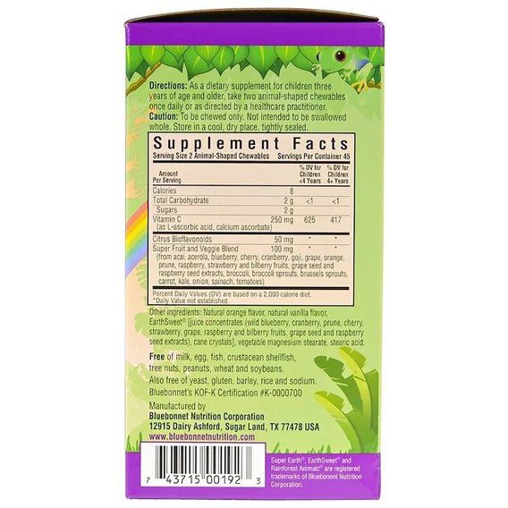 Вітамін C Bluebonnet Nutrition Rainforest Animalz Vitamin С for kids 90 Animal-Shaped Chewables Natural Orange Flavor BLB0192 | Зображення 1