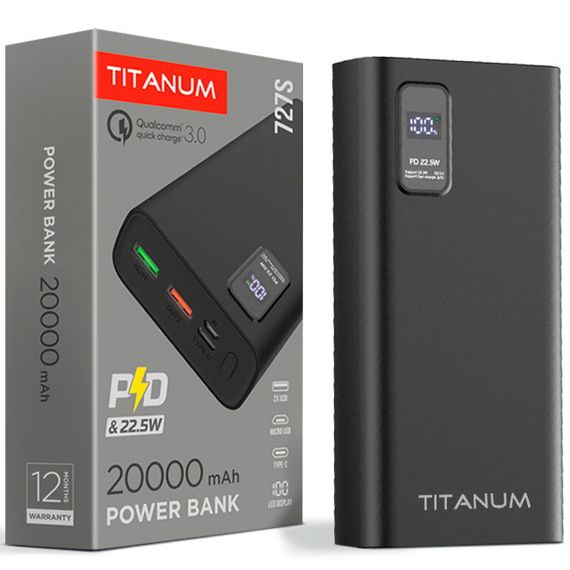 Повербанк с быстрой зарядкой TITANUM TPB-727S-B 20000mAh 22.5W Li-Pol Type-C Black | Зображення 3