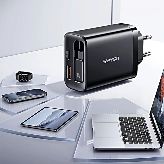 СЗУ Usams US-CC299 GaN With Retractable Type-C Cable Xiang Ser. 65W (1USB-A/1C) Black | Зображення 6