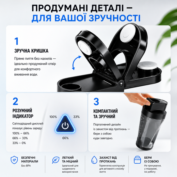 Портативный блендер-шейкер 2 в 1 аккумуляторный D7 на 6000 мАч, 650 мл, для смузи и коктейлей, Черный | Зображення 6