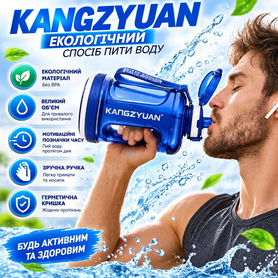 Бутылка для воды KANGZYUAN 1500 мл спортивная с Tritan BPA Free ударопрочная синяя с ручкой и ремешком | Зображення 9