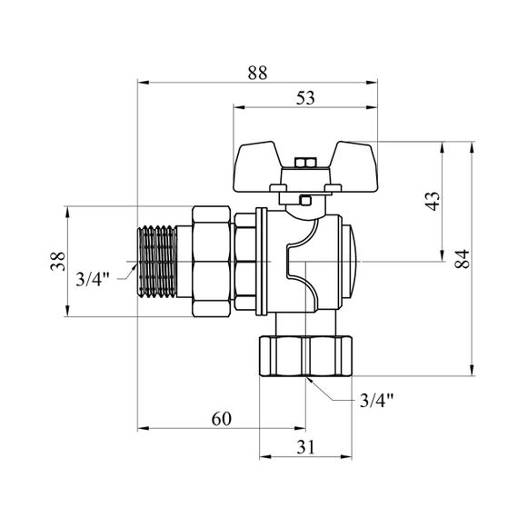 Кран-американка кульовий кутовий WaGa 3/4" PN40 метелик, нікельований | Зображення 1
