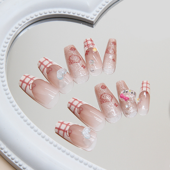 Накладные ногти длинные Hello Kitty с клеем D871 Розовый 24 шт (A9477) | Зображення 1