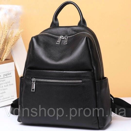 Жіноча сумка на плечі з натуральної шкіри 27х31х12, рюкзак з відділами для гаджетів, чорна | Зображення 2