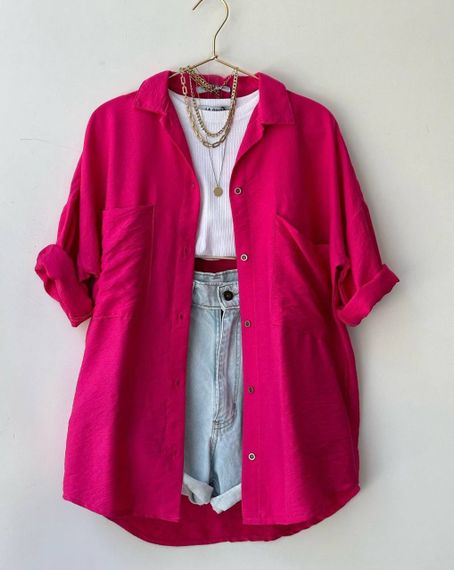 Женская легкая рубашка оверсайз с подворачиваевым рукавом с фиксатором креп жатка PF4125 цвет малиновый, размер 42/46